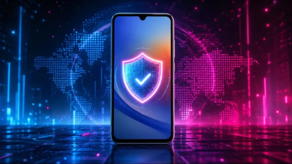 Smartphone Samsung Galaxy A34 con escudo de seguridad