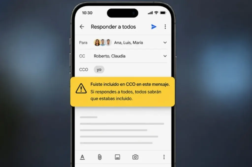 Alerta amarilla de CCO en la app de Gmail.