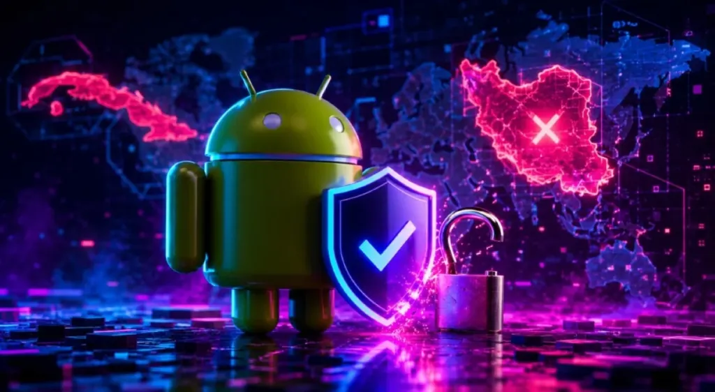 Android con escudo ante mapa del mundo con países bloqueados