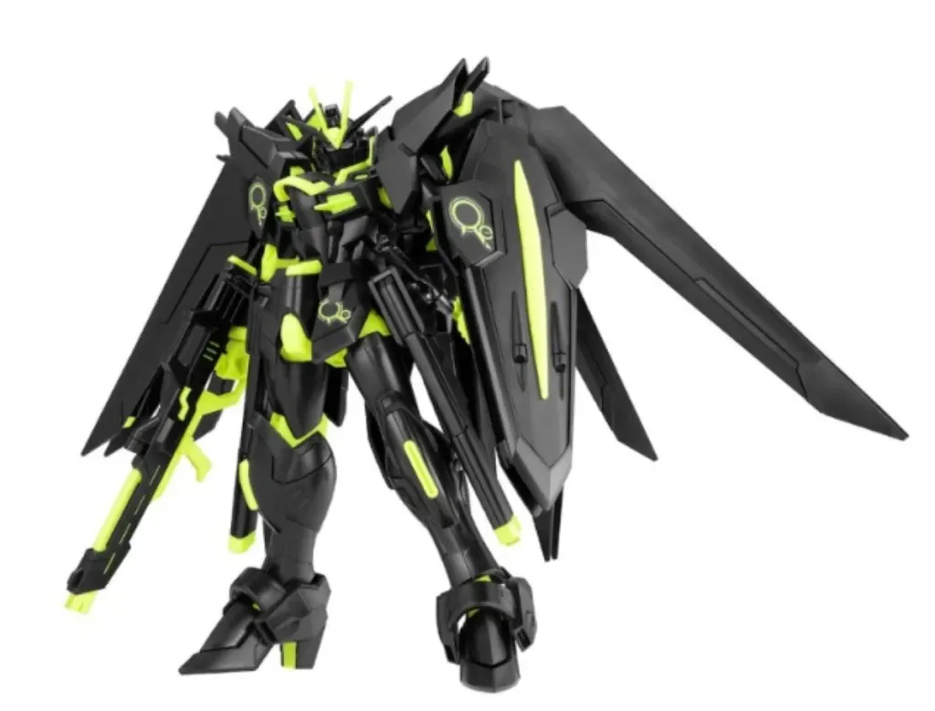 Figura de acción de robot Gundam en negro con detalles en verde fluorescente.