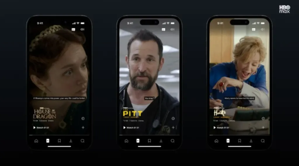 Teléfonos móviles mostrando la interfaz de HBO Max con funciones impulsadas por IA.