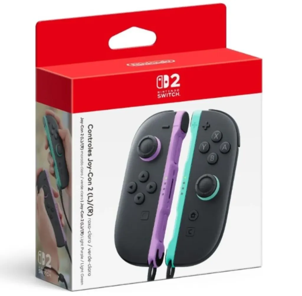 Controles Joy-Con 2 morado y verde y su caja