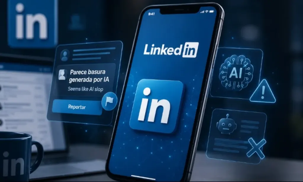 Smartphone con interfaz de LinkedIn rodeada de elementos gráficos sobre contenido de IA
