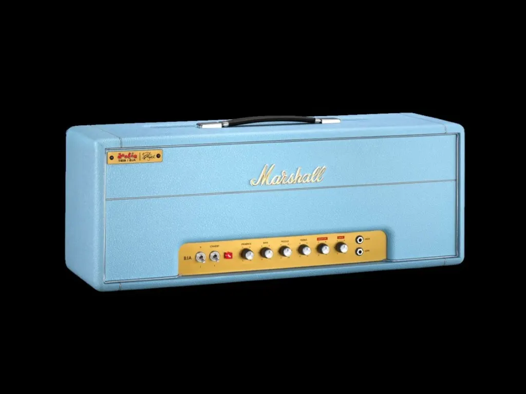 Cabezal de amplificador Marshall azul celeste sobre fondo negro.