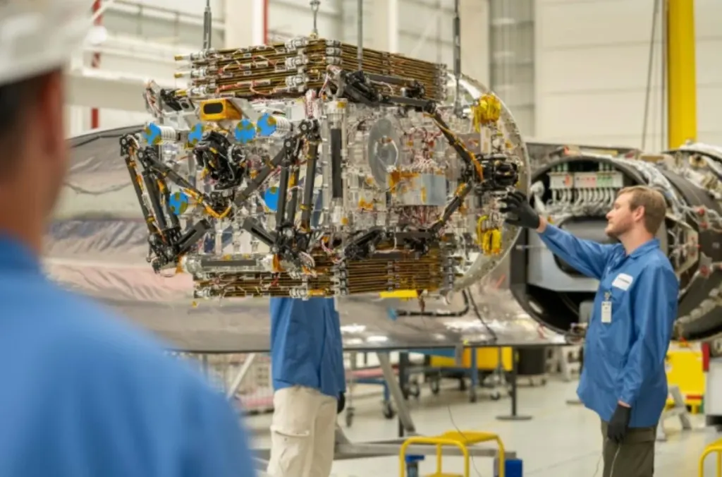 Ingenieros ensamblando componentes mecánicos de alta tecnología en un centro de manufactura aeroespacial.
