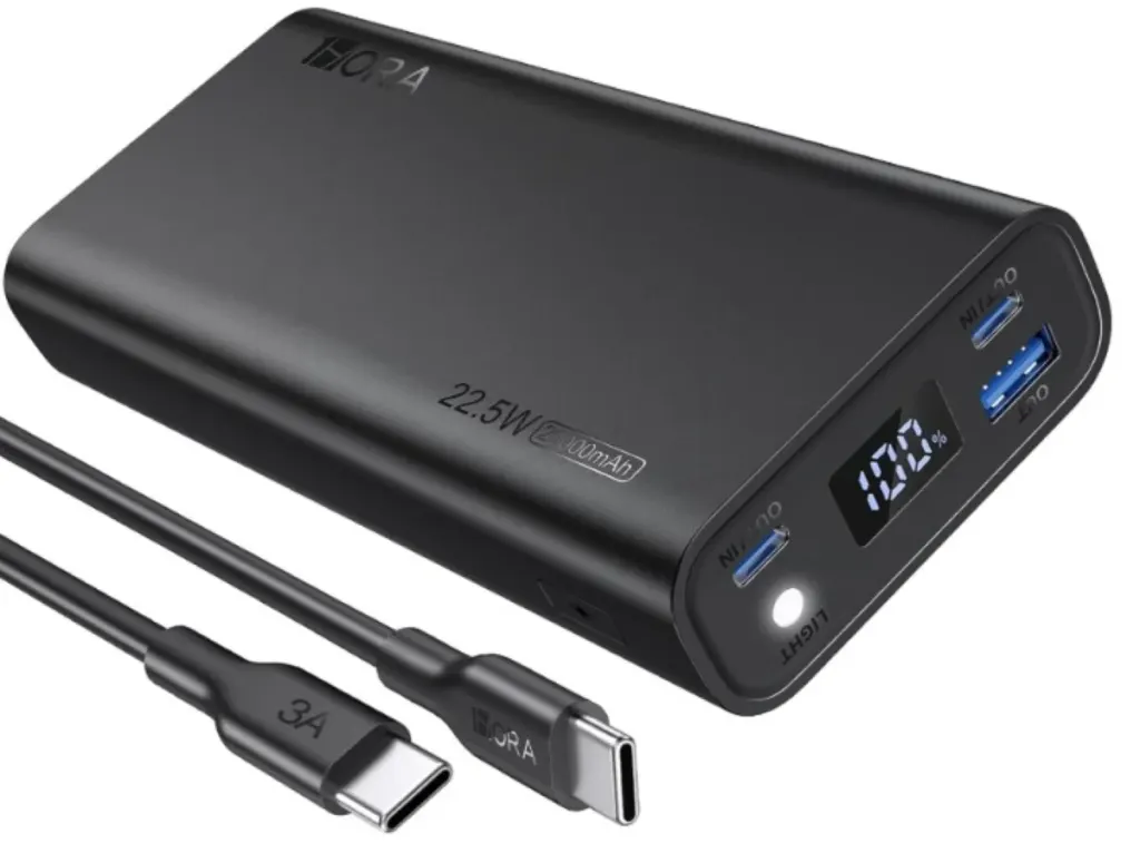 Power bank negra de 22.5W y 20000mAh con pantalla LED y cable USB-C. Amazon