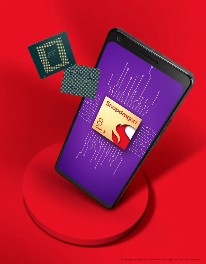 Smartphone con procesador Snapdragon 8 Gen 3 y microchips.