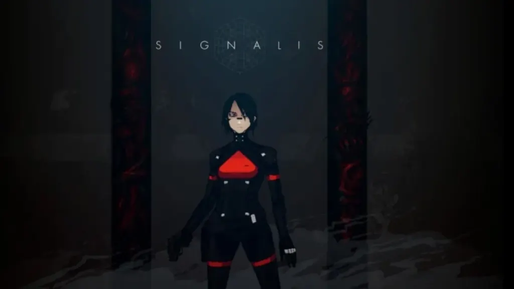 Portada del videojuego Signalis con la protagonista en traje oscuro y rojo.