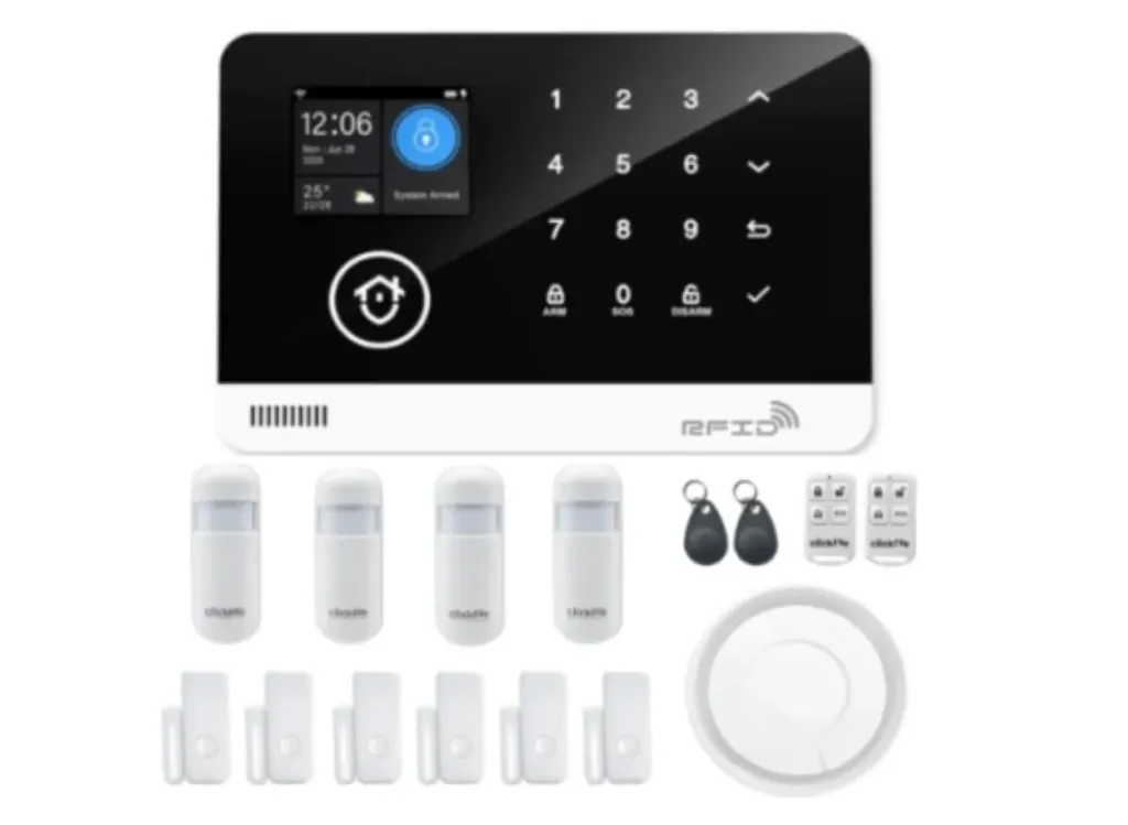 Kit de alarma WiFi Clicklife con panel táctil, sensores de movimiento y contactos magnéticos.