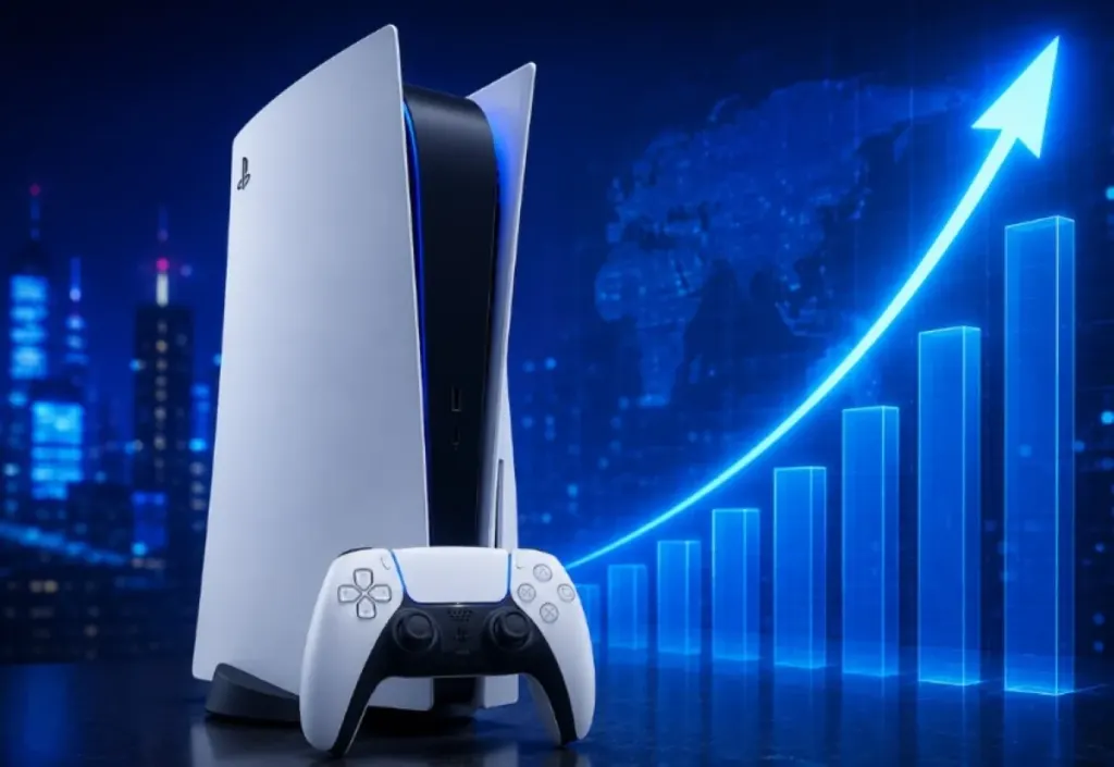 Consola PlayStation y control con gráfica de ventas en alza.