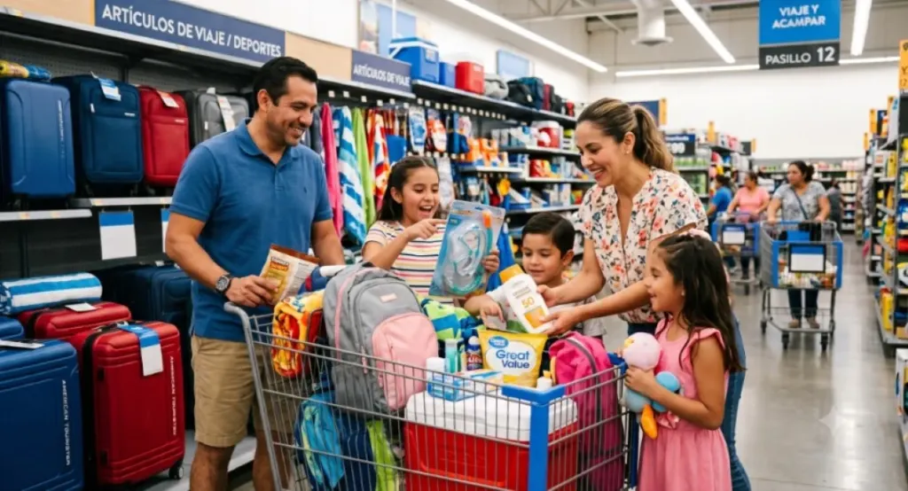 Familia de compras en el pasillo de Walmart eligiendo artículos de viaje.