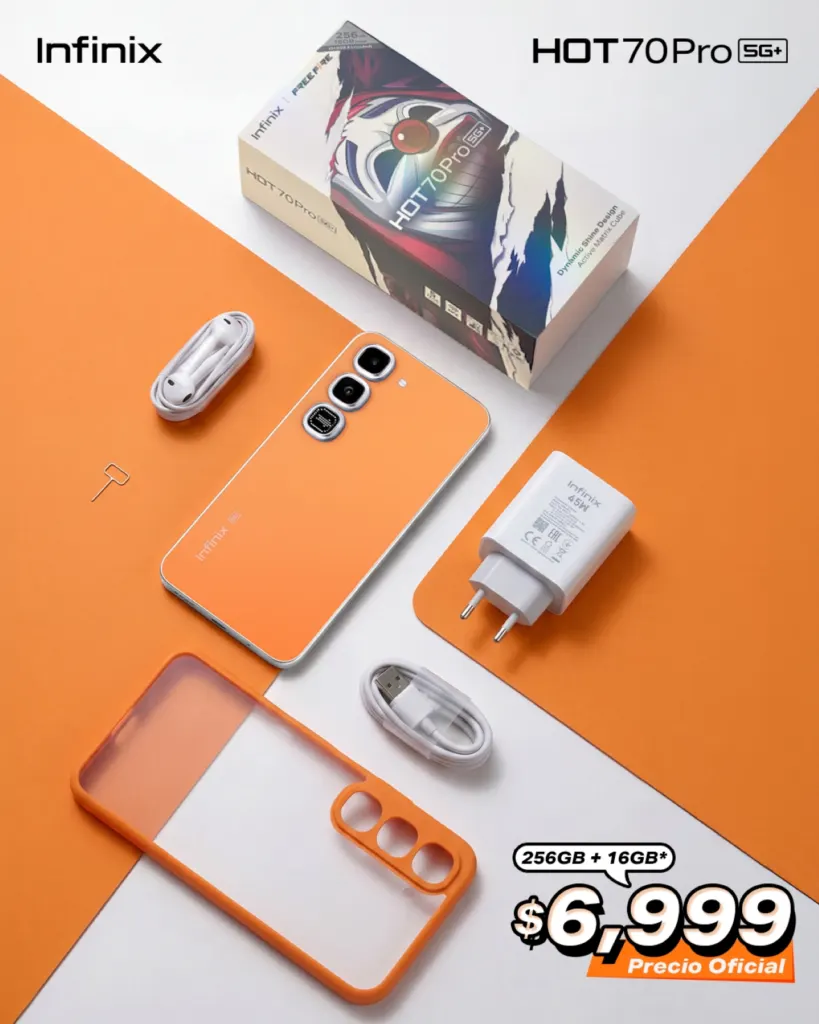 Contenido de la caja del Infinix Hot 70 Pro 5G naranja